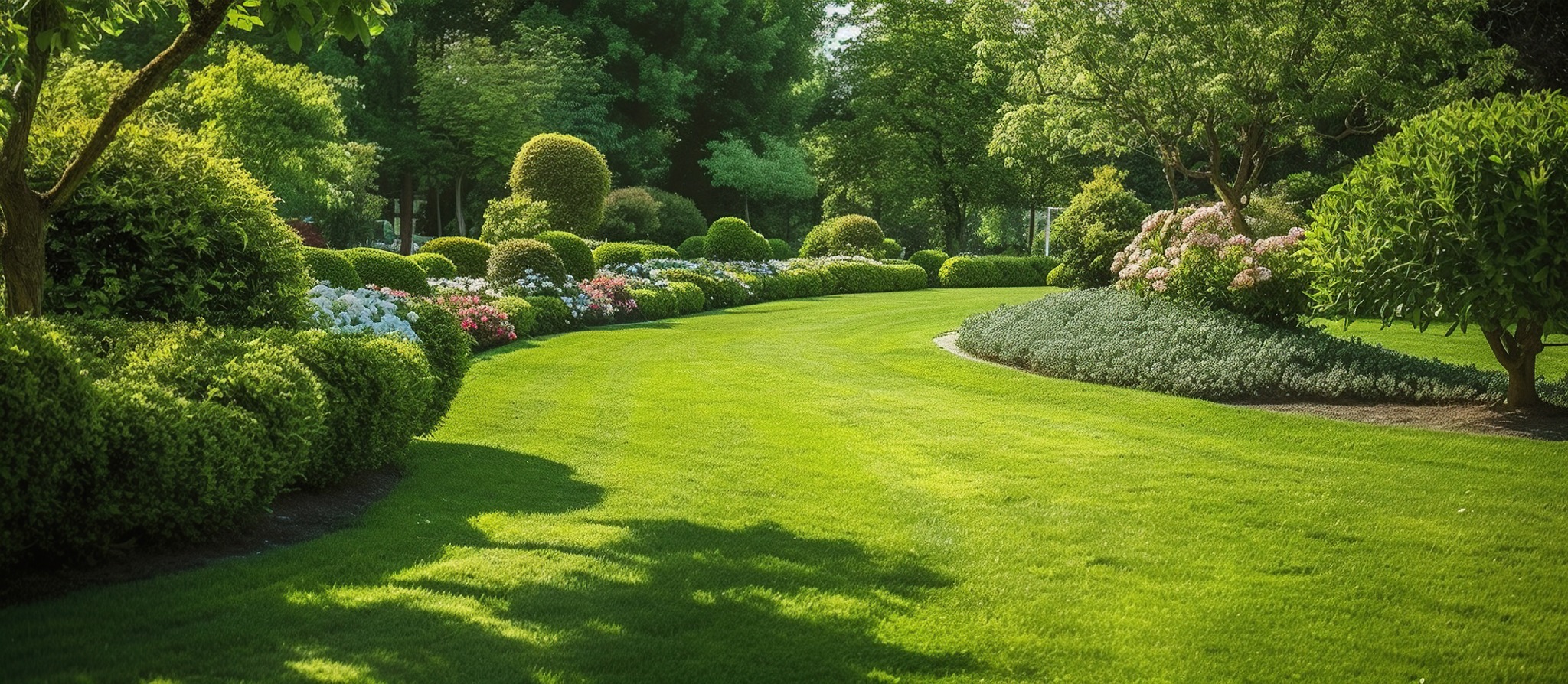 Wide lawn with soft curved beds — British garden style